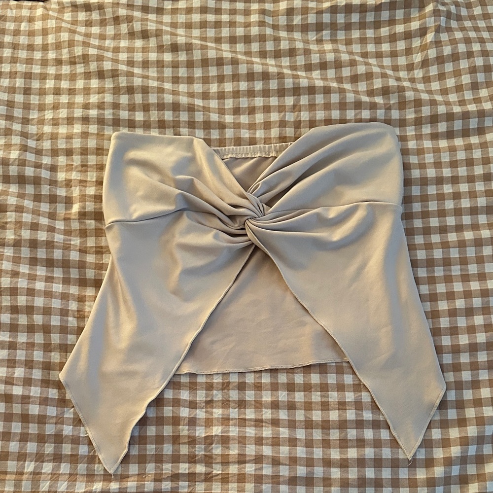 Twist Front Strapless Satin Top in Beige